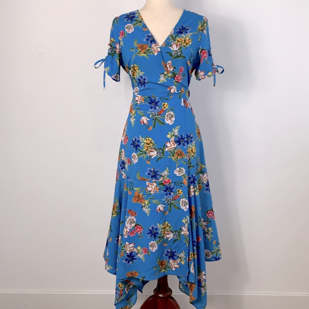 Calvin Klein Blue Floral Faux Wrap Handkerchief Hem Short Sleeve Midi Dress Sz 6